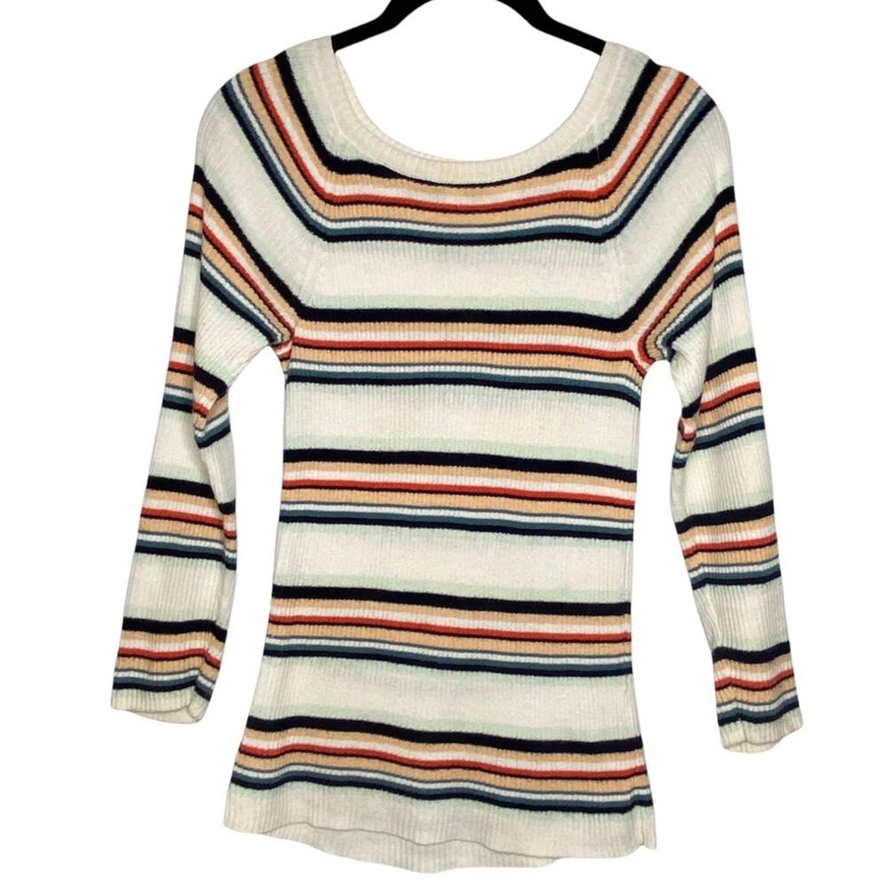 Anthropologie Moth Ribbed Rainbow Striped Knit Sweater Scoop Neck Size XS